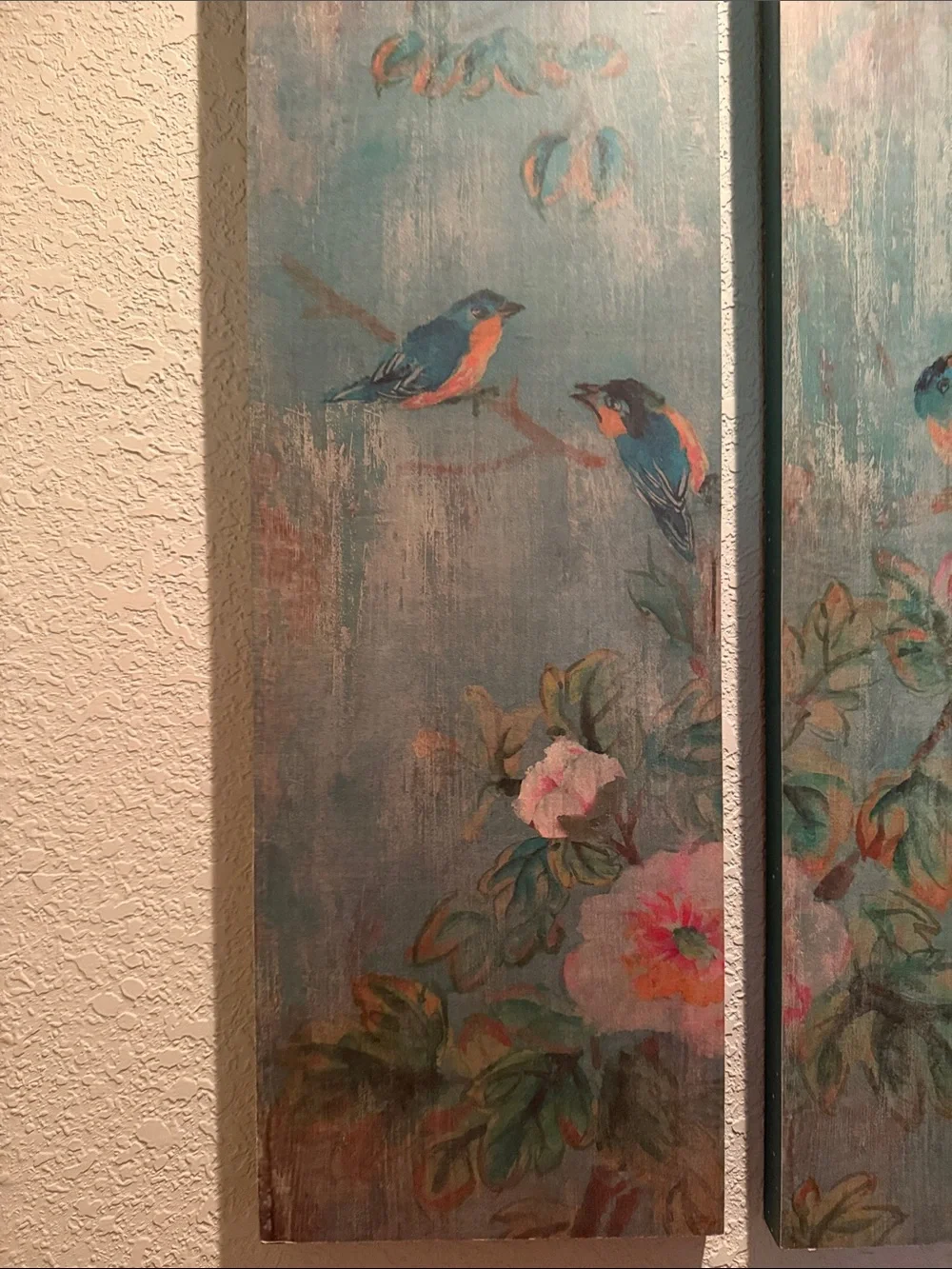 Pottery Barn Teal and Coral Botanical/Bird chinoiserie Triptych